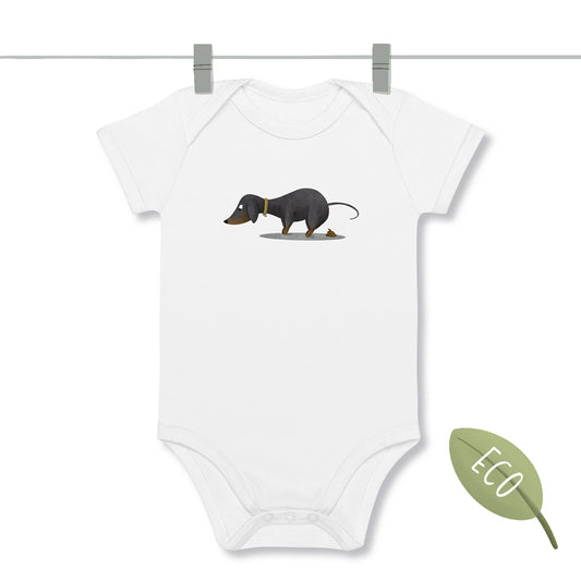 Baby Bodysuit white with a print of a black & tan Dachshund pooping