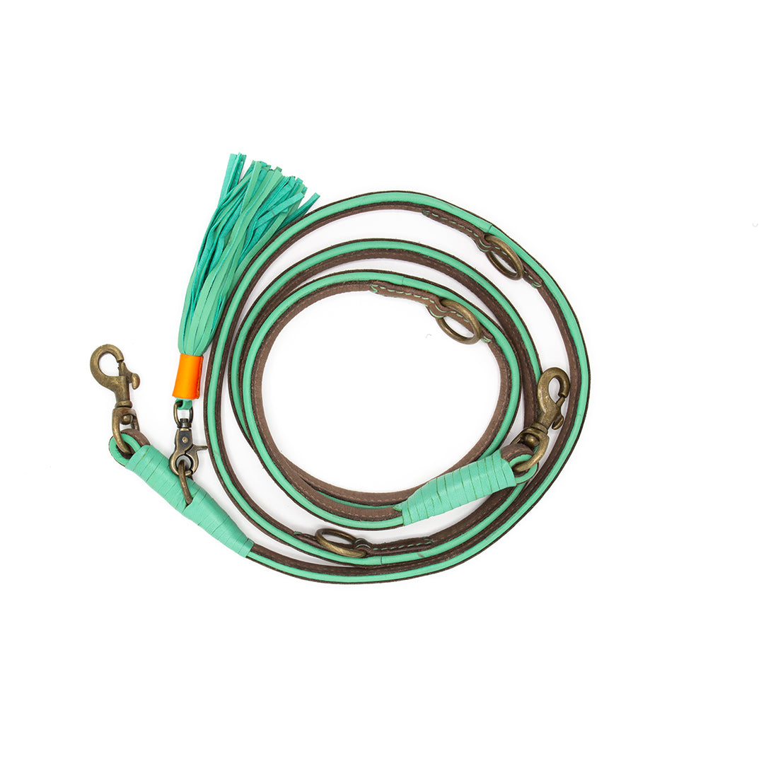 Picture of a brown/turquoise leather leash Brand: Dog with a Mission