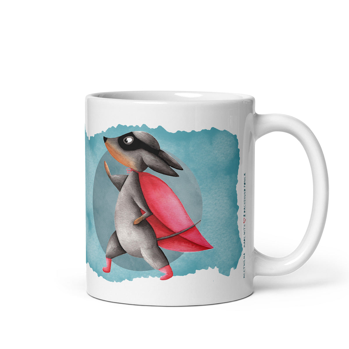 White Mug with a Dachshund wearing a cape watercolor Illustration print 11oz