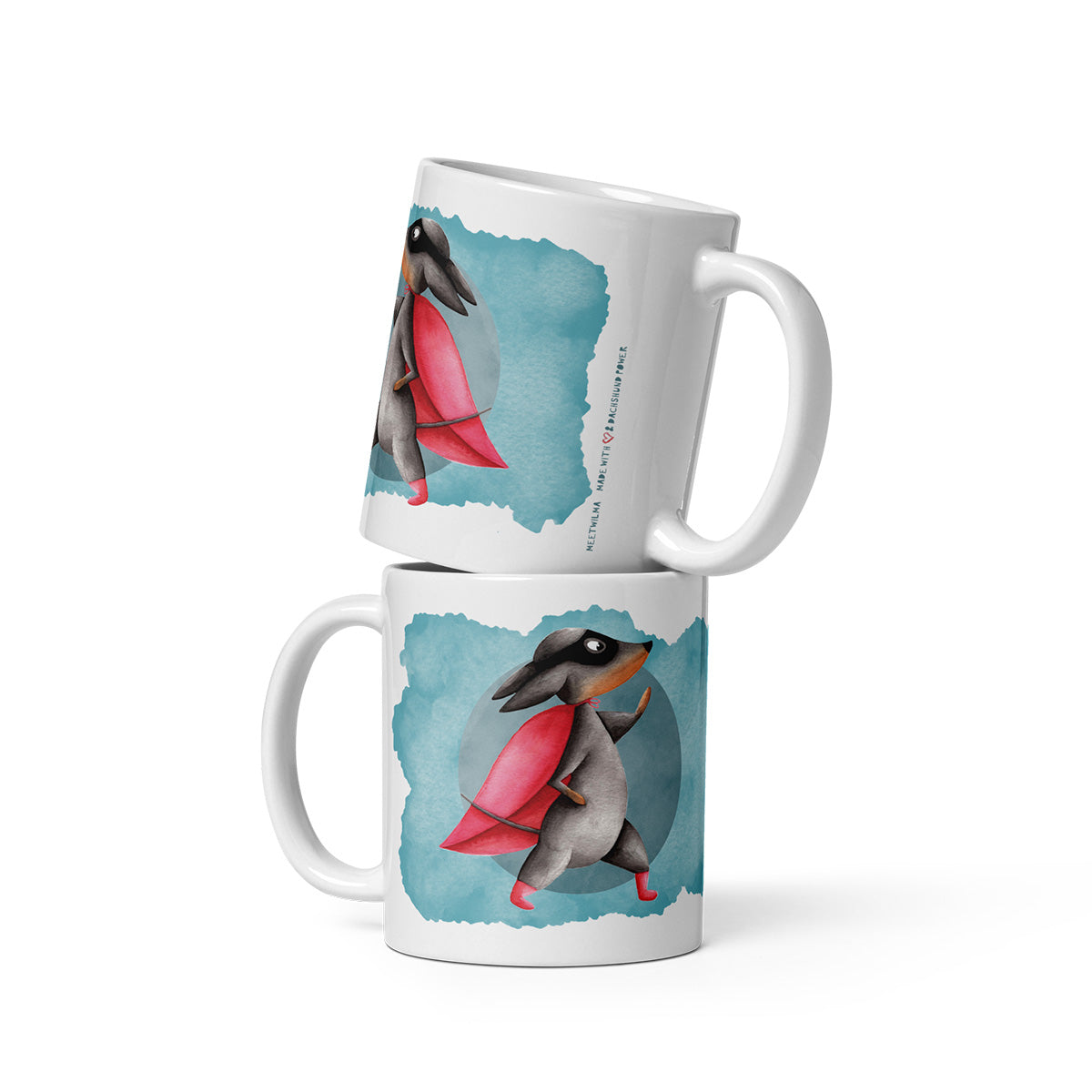 2 stacked Mugs with a Dachshund wearing a cape watercolor Illustration print - 11oz