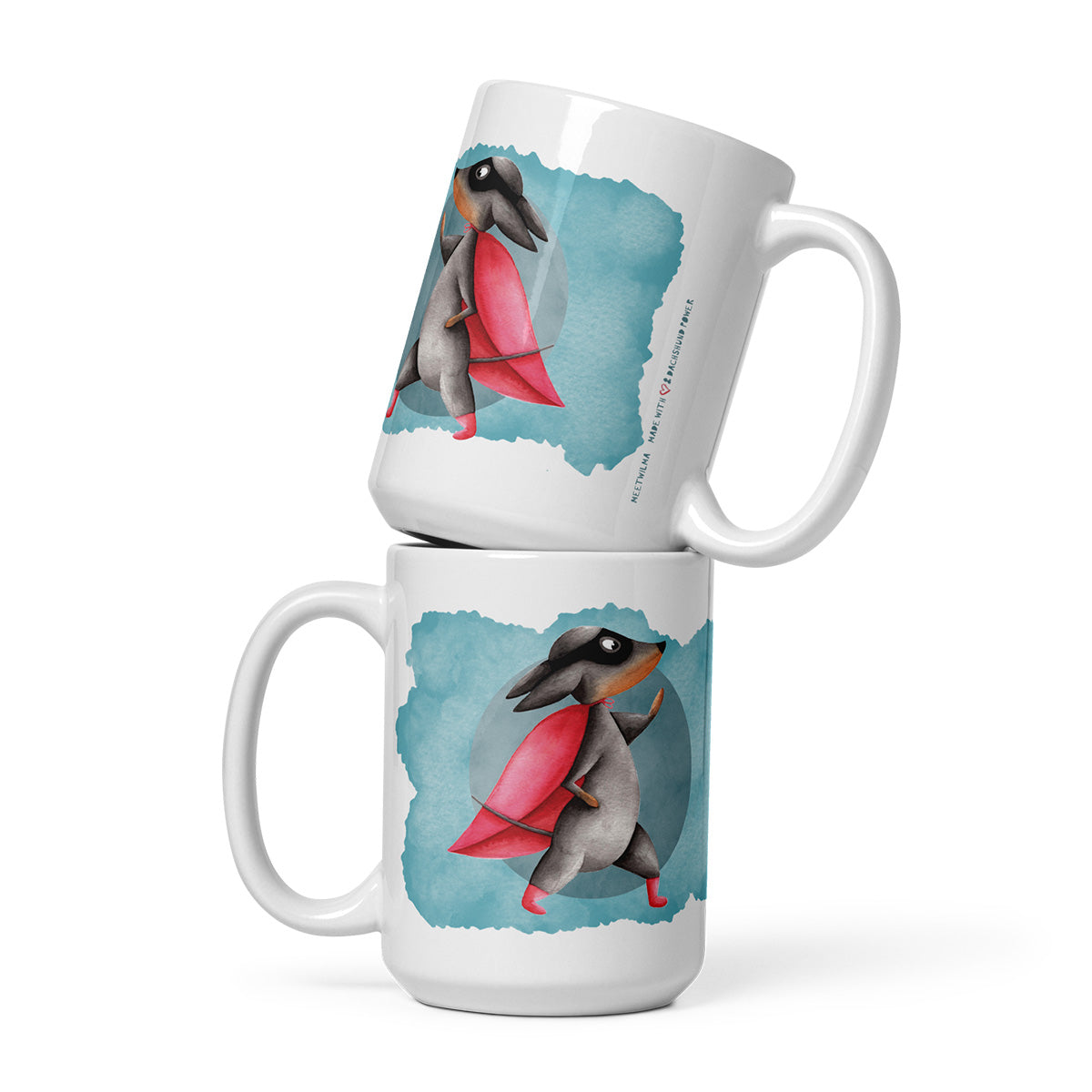 2 stacked Mugs with a Dachshund wearing a cape watercolor Illustration print - 15oz