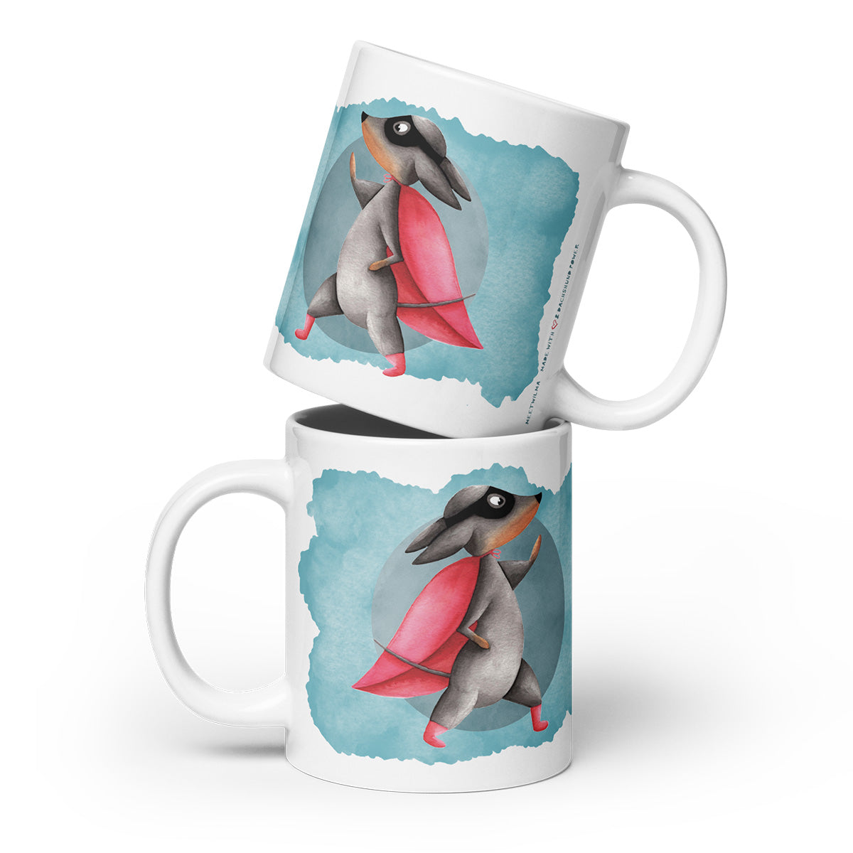 2 stacked Mugs with a Dachshund wearing a cape watercolor Illustration print - 20oz