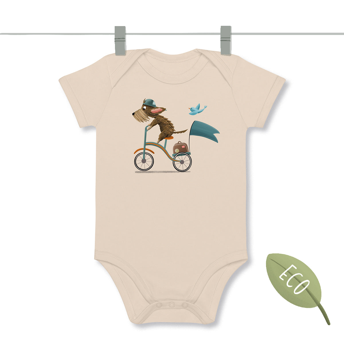 Natural Baby Bodysuit with a print of an illustration of a wire-haired Dachshund on a bike