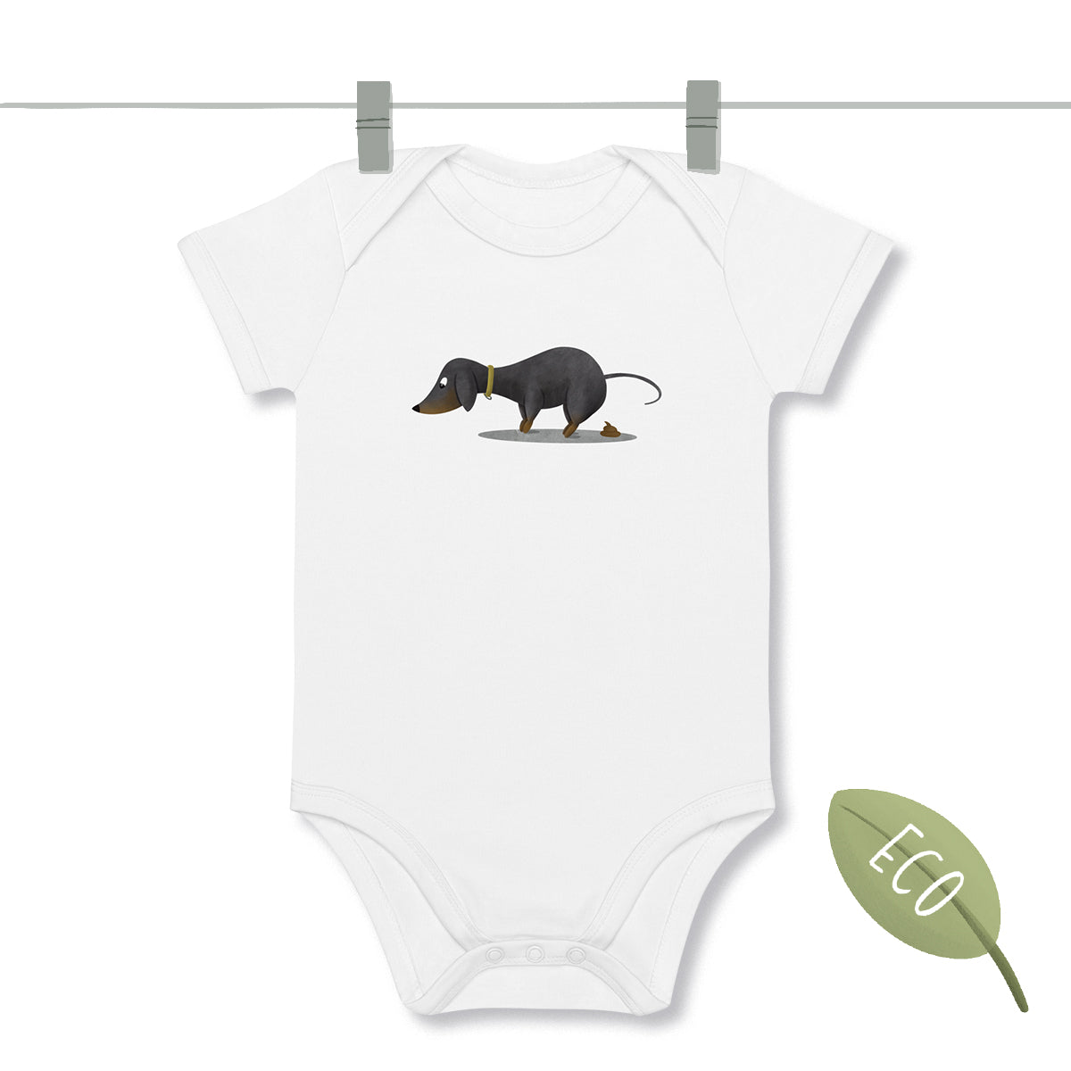Baby Bodysuit white with a print of a black & tan Dachshund pooping
