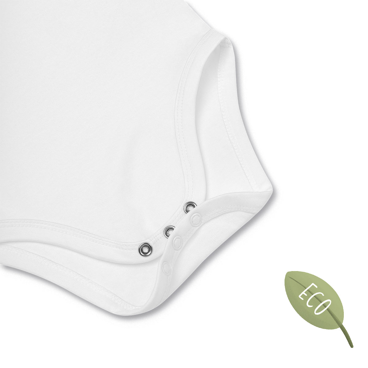 White Baby Bodysuit with a print of an illustration of a wire-haired Dachshund on a bike snap closure detail