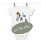 White Baby Bodysuit with a print of an illustration of a wire-haired Dachshund on a bike Customizable