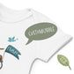 White Baby Bodysuit with a print of an illustration of a wire-haired Dachshund on a bike Detail Customizable