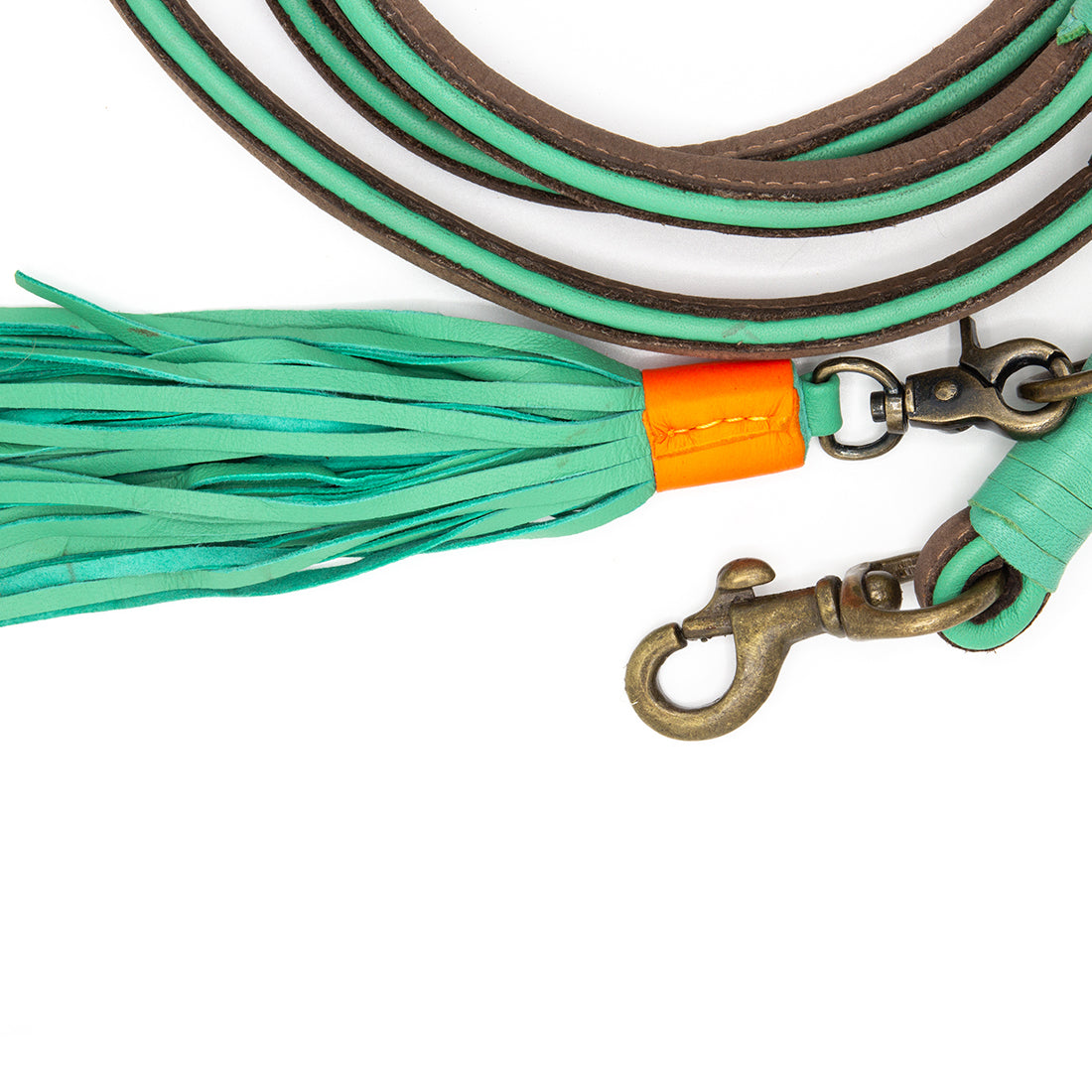 Picture of a brown/turquoise leather leash and the details Brand: Dog with a Mission