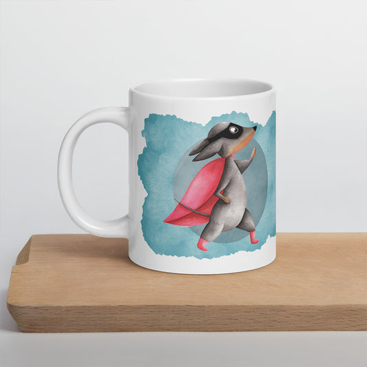 White Mug with a Dachshund wearing a cape watercolor Illustration print
